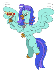 Size: 2491x3264 | Tagged: safe, artist:supahdonarudo, oc, oc only, oc:sea lilly, classical hippogriff, hippogriff, 100, camera, flag, flag waving, flying, high res, jewelry, necklace, simple background, transparent background