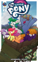 Size: 1920x3168 | Tagged: safe, artist:pandan009, apple bloom, scootaloo, sweetie belle, oc, oc:brainstorm (alexdti), oc:purple creativity, oc:star logic, earth pony, pegasus, pony, unicorn, comic:quest for friendship, g4, cart, comic, cutie mark crusaders, female, filly, this will end in tears and/or death and/or covered in tree sap