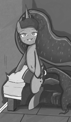 Size: 1147x1960 | Tagged: safe, artist:solid shrimp, princess luna, alicorn, pony, g4, bed, black and white, grayscale, monochrome, sitting, solo, wingless