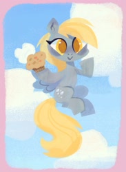 Size: 2490x3400 | Tagged: dead source, safe, artist:shugrcube, derpy hooves, pegasus, pony, g4, :>, cloud, colored pupils, cute, derpabetes, female, flying, food, high res, looking at you, mare, muffin, sky, solo