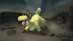Size: 2226x1254 | Tagged: safe, artist:hitsuji, paprika (tfh), alpaca, them's fightin' herds, cloven hooves, community related, fog, looking offscreen, mountain, rock, solo, totem