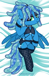 Size: 707x1100 | Tagged: safe, artist:jennieoo, oc, oc only, oc:ocean soul, pegasus, pony, bed, bed sheets, bedroom eyes, clothes, garter belt, lingerie, net, piercing, ponytail, show accurate, simple background, solo, stockings, thigh highs, vector, water mane