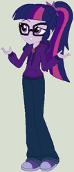 Size: 226x528 | Tagged: safe, artist:jadeharmony, artist:selenaede, sci-twi, twilight sparkle, equestria girls, g4, alternate hairstyle, base used, clothes, female, gray background, grin, hoodie, jeans, pants, shoes, simple background, smiling, sneakers, solo