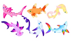 Size: 1280x738 | Tagged: safe, artist:webkinzworldz, applejack, fluttershy, pinkie pie, rainbow dash, rarity, twilight sparkle, fish, hammerhead shark, shark, g4, appleshark, brown shyshark, fluttershark, leopard shark, mane six, maybe salmon, my little x, pinkie shark, rainbow shark, rarishark, sharkified, shortfin mako shark, simple background, species swap, thresher shark, twilight sharkle, white background, whitetip shark