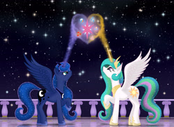 Size: 4500x3300 | Tagged: safe, artist:xodok, princess celestia, princess luna, alicorn, pony, series:ponyashnost, g4, cutie mark, heart, horn, jewelry, magic, night, stars, tiara, wings