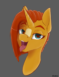 Size: 1573x2057 | Tagged: safe, artist:kviksi, sunburst, pony, unicorn, g4, alternate hairstyle, bust, drool, looking at you, male, open mouth, portrait, simple background, solo, tongue out, trap