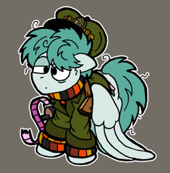 Size: 1024x1046 | Tagged: safe, artist:bobthedalek, oc, oc only, oc:clippy ticket, pegasus, pony, bag, clothes, gray background, hat, jacket, messy mane, saddle bag, simple background, solo, sweater, ticket, tired, ugly public transport seating pattern, wings, wings down