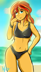 Size: 2000x3500 | Tagged: safe, artist:nolyanimeid, sunset shimmer, equestria girls, g4, adorasexy, beach, belly button, clothes, cute, eye clipping through hair, eyebrows, eyebrows visible through hair, female, high res, ocean, sand, sexy, shimmerbetes, smiling, solo, swimsuit