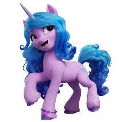 Size: 600x600 | Tagged: safe, izzy moonbow, pony, unicorn, g5, my little pony: a new generation, official, 3d, bracelet, female, jewelry, lottie.london, mare, open mouth, open smile, raised hoof, render, simple background, smiling, solo, stock render, transparent background, unshorn fetlocks