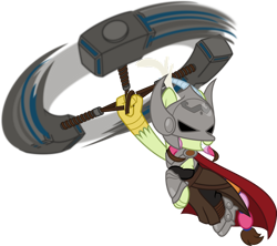Size: 1280x1137 | Tagged: safe, artist:mlp-trailgrazer, oc, oc:chaos blossom, draconequus, pony, clothes, cosplay, costume, female, hammer, mjölnir, simple background, solo, thor, transparent background, war hammer