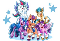 Size: 1080x747 | Tagged: safe, artist:oreokoocie, hitch trailblazer, izzy moonbow, pipp petals, sunny starscout, zipp storm, earth pony, pegasus, pony, unicorn, g5, female, male, mane five, mare, simple background, stallion, stars, white background