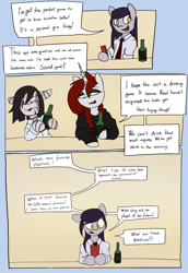 Size: 4928x7182 | Tagged: safe, artist:tenenbris, oc, oc:abel masei, oc:alicia malice, oc:patricia sorg, semi-anthro, comic:things change, alcohol, arm hooves, beer, dialogue, drinking, eyeshadow, makeup