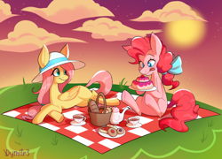 Size: 3469x2493 | Tagged: safe, artist:dymitre, fluttershy, pinkie pie, earth pony, pegasus, pony, basket, big ears, bow, cake, cloud, crossed hooves, cup, duo, female, folded wings, food, friendshipping, grass, hair bow, hat, heart eyes, herbivore, high res, hoof hold, licking, licking lips, looking at someone, looking at something, lying down, mane bow, mare, outdoors, pastry, picnic, picnic basket, picnic blanket, plate, prone, signature, sitting, smiling, sun, sun hat, sunset, tea, teacup, teapot, tongue out, wingding eyes, wings