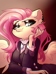 Size: 1536x2008 | Tagged: safe, artist:dodsie, fluttershy, pegasus, anthro, g4, choker, clothes, ear piercing, female, fluttergoth, goth, gradient background, jewelry, makeup, mare, necklace, piercing, skirt, solo