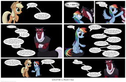 Size: 2400x1553 | Tagged: safe, artist:deusexequus, applejack, lord tirek, rainbow dash, centaur, earth pony, pegasus, pony, taur, comic:fix, g4, a better ending for tirek, applejack's hat, bipedal, black background, comic, cowboy hat, crossed arms, dialogue, female, hat, male, mare, pouting, simple background, speech bubble, talking, trio