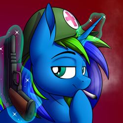 Size: 952x952 | Tagged: safe, artist:notetaker, oc, oc only, pony, unicorn, 1911, drugs, helmet, magic, marijuana, solo