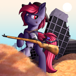 Size: 1491x1491 | Tagged: oc name needed, safe, artist:notetaker, oc, oc only, pegasus, pony, fallout equestria, amputee, battle saddle, prosthetic limb, prosthetics, solo