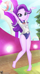 Size: 645x1188 | Tagged: safe, artist:charliexe, starlight glimmer, equestria girls, g4, adorasexy, barefoot, clothes, cute, feet, luxe deluxe, one-piece swimsuit, remake, sexy, smiling, solo, sports, swimsuit, volleyball