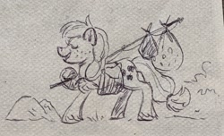 Size: 2048x1247 | Tagged: safe, artist:mellodillo, applejack, earth pony, pony, g4, bag, bindle, female, grayscale, hatless, mare, missing accessory, monochrome, saddle bag, sketch, solo