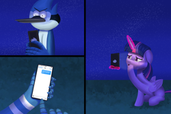 Size: 3000x2000 | Tagged: safe, artist:vezja, twilight sparkle, alicorn, pony, g4, angry, cellphone, crossover, crossover shipping, crying, female, high res, magic, male, mare, mordecai, mordetwi, phone, regular show, shipping, smartphone, straight, texting, twilight sparkle (alicorn)