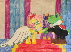 Size: 1280x937 | Tagged: safe, artist:justinvaldecanas, fluttershy, twilight sparkle, alicorn, pegasus, pony, yoshi, g4, alternate hairstyle, clothes, crossover, crossover shipping, dress, female, flutteryoshi, male, marriage, shipping, straight, super mario bros., traditional art, twilight sparkle (alicorn), wedding, wedding dress, wedding veil