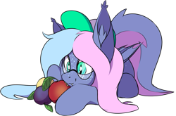 Size: 835x551 | Tagged: safe, artist:notetaker, oc, oc only, oc:sleepystar, bat pony, pony, baseball cap, cap, hat, herbivore, male, plum, simple background, solo, transparent background