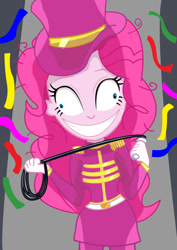 Size: 595x842 | Tagged: safe, artist:dashdeviant, pinkie pie, equestria girls, g4, confetti, crazy face, faic, female, hat, insanity, messy hair, ringmaster, solo, top hat, whip