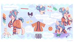 Size: 5760x3240 | Tagged: safe, artist:party3ah, oc, oc only, oc:paper wishes, axolotl, bird, fish, frog, koi, pony, turtle, unicorn, blushing, clothes, female, glowing horn, hair bun, haori, horn, magic, mare, markings, origami, pencil, reference sheet, solo