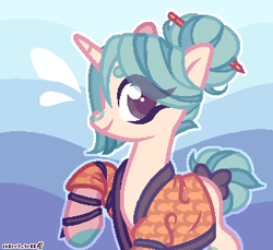 Size: 350x320 | Tagged: safe, artist:party3ah, oc, oc only, oc:paper wishes, pony, unicorn, clothes, female, hair bun, haori, mare, markings, pencil, solo