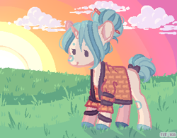 Size: 358x279 | Tagged: safe, artist:party3ah, oc, oc only, oc:paper wishes, pony, unicorn, clothes, cloud, female, grass, hair bun, haori, mare, markings, pencil, sky, solo, sun, sunset