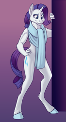 Size: 491x900 | Tagged: safe, artist:foxenawolf, rarity, unicorn, anthro, unguligrade anthro, fanfic:off the mark, g4, clothes, cutie mark, fanfic art, female, hooves, mare, scarf, solo, unshorn fetlocks