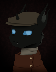 Size: 1080x1400 | Tagged: safe, artist:tiviyl, oc, oc only, changeling, clothes, coat, hat, solo