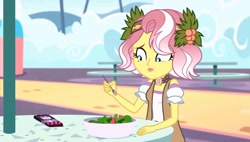 Size: 1265x719 | Tagged: safe, screencap, vignette valencia, equestria girls, equestria girls specials, g4, my little pony equestria girls: better together, my little pony equestria girls: rollercoaster of friendship, cellphone, female, flower, flower in hair, food, fork, phone, salad, solo, stress salad, worried