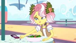 Size: 1254x719 | Tagged: safe, screencap, vignette valencia, equestria girls, equestria girls specials, g4, my little pony equestria girls: better together, my little pony equestria girls: rollercoaster of friendship, cellphone, cute, female, flower, flower in hair, food, fork, phone, salad, smiling, solo, stress salad, valenciadorable