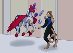 Size: 1000x733 | Tagged: safe, artist:foxenawolf, oc, oc only, oc:commander rosepetal, oc:wandering path, alicorn, cat, pony, anthro, fanfic:cosmic lotus, brown fur, brown hair, clothed ponies, clothes, fanfic art, female, flying, levitation, magic, male, stallion, tail tuft, telekinesis
