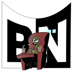 Size: 1920x1920 | Tagged: safe, artist:ponymovie2017, oc, oc only, pegasus, pony, beard, brown coat, brown mane, chair, cutie mark, digital art, eyebrows, eyebrows visible through hair, facial hair, food, glasses, logo, popcorn, recliner, simple background, soda, solo, transparent background, watch