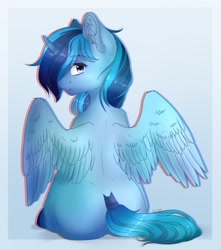 Size: 1132x1280 | Tagged: safe, artist:purfurdonut, oc, oc only, oc:starry path, alicorn, pony, blue fur, blue mane, blue tail, butt, curved horn, ear fluff, female, filly, horn, large butt, looking at you, looking back, looking back at you, plot, sitting, solo, spread wings, wings
