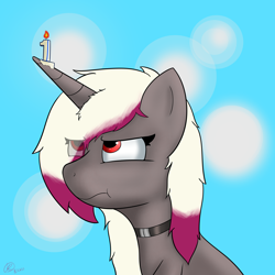 Size: 5000x5000 | Tagged: safe, artist:rosedraws, oc, oc only, oc:rose glow, pony, unicorn, birthday, birthday candle, candle, choker, digital art, female, mare, simple background, solo