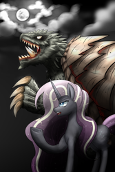 Size: 2800x4200 | Tagged: safe, artist:zachc, nightmare rarity, kaiju, pony, unicorn, g4, cloud, cloudy, commission, commissioner:iv's, crossover, ethereal mane, ethereal tail, gamera, gamera (series), moon, night, raised hoof, trauma gamera