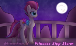 Size: 1776x1080 | Tagged: safe, artist:brandythecat_05, zipp storm, pegasus, pony, g5, my little pony: a new generation, chest fluff, female, folded wings, full moon, mare, moon, name, night, profile, railing, solo, standing, wings