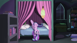 Size: 5120x2880 | Tagged: safe, artist:dreamingofpony, derpibooru exclusive, starlight glimmer, pony, unicorn, g4, bed, bedroom, cute, female, glimmerbetes, high res, kite, looking at you, lying down, lying on bed, mare, night, on bed, smiling, smiling at you, solo, starlight's room