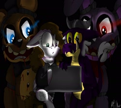 Size: 2048x1832 | Tagged: safe, artist:milledpurple, oc, oc only, dragon, pegasus, pony, animatronic, bonnie (fnaf), bust, computer, crossover, dragon oc, eyelashes, female, five nights at freddy's, floppy ears, freddy fazbear, laptop computer, mare, pegasus oc, signature, smiling