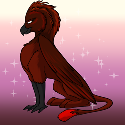 Size: 1000x1000 | Tagged: safe, artist:foxenawolf, oc, oc only, oc:free agent, changeling, changeling queen, griffon, fanfic:quantum gallop, beak, bedroom eyes, disguise, disguised changeling, female, gradient background, red feathers, red fur, solo, sparkles, tail