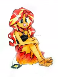 Size: 2298x3029 | Tagged: safe, artist:liaaqila, sunset shimmer, equestria girls, equestria girls series, forgotten friendship, g4, bare shoulders, barefoot, clothes, cute, eye clipping through hair, feet, foot tapping, high res, hugging leg, listening to music, music player, sarong, shimmerbetes, sitting, sleeveless, solo, swimsuit, tapping, traditional art
