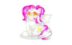 Size: 960x600 | Tagged: safe, artist:yuerain sparkle, oc, oc only, oc:yuerain sparkle, alicorn, bat pony, bat pony alicorn, pony, alicorn oc, bat wings, cheek fluff, chest fluff, colored pupils, cute, eye clipping through hair, fangs, female, fluffy, horn, mare, orange eyes, pink hair, short hair, simple background, sitting, smiling, solo, spread wings, tooth, transparent background, underhoof, wings