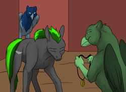 Size: 1000x727 | Tagged: safe, artist:foxenawolf, oc, oc only, oc:long path, oc:watchful eyes, earth pony, griffon, pony, fanfic:quantum gallop, black fur, disguise, disguised changeling, eyes closed, green mane