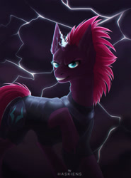 Size: 1024x1383 | Tagged: safe, artist:haskiens, tempest shadow, pony, unicorn, g4, my little pony: the movie, broken horn, evil grin, female, grin, horn, lightning, magic, mare, signature, smiling, solo