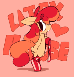Size: 953x992 | Tagged: safe, artist:paperclip, oc, oc only, oc:flan pone, earth pony, food pony, pony, bipedal, blush sticker, blushing, butt, chest fluff, clothes, dressing, embarrassed, female, flan, food, heart, latex, latex socks, looking back, not apple bloom, plot, ponified, pudding, socks, solo, thigh highs