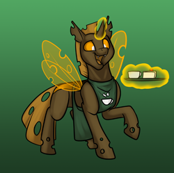 Size: 1000x997 | Tagged: safe, artist:foxenawolf, oc, oc only, oc:parva, changeling, fanfic:conversations in a canterlot café, brown changeling, fanfic art, levitation, magic, solo, telekinesis