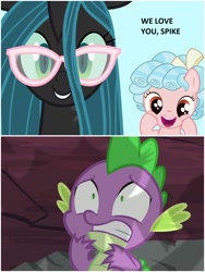 Size: 1500x1999 | Tagged: safe, cozy glow, queen chrysalis, spike, changeling, changeling queen, dragon, pegasus, pony, g4, dialogue, female, filly, foal, glassalys, glasses, male, oh no, scared, ship:chryspike, ship:cozyspike, shipping, straight, this will not end well